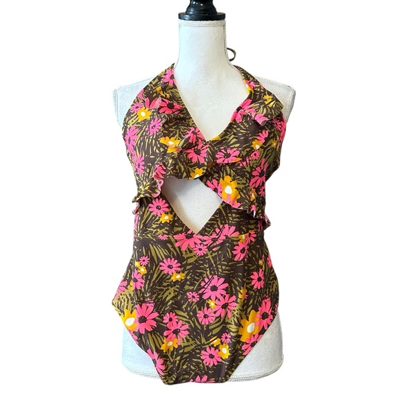 Aerie One Piece Full Coverage Cut Out Halter Swimsuit SZ XL in Multicolor Floral - Picture 2 of 8
